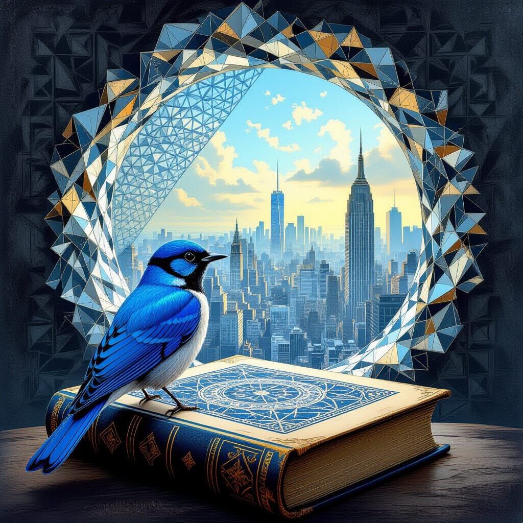 Blue Bird on Ornate Book Before Abstract Portal
