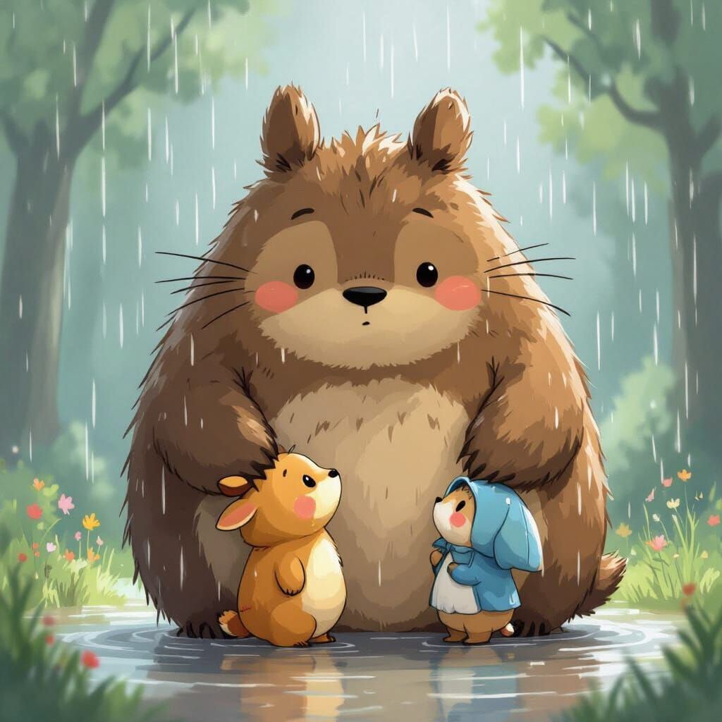 Cute Creatures Shielding Each Other From Rain