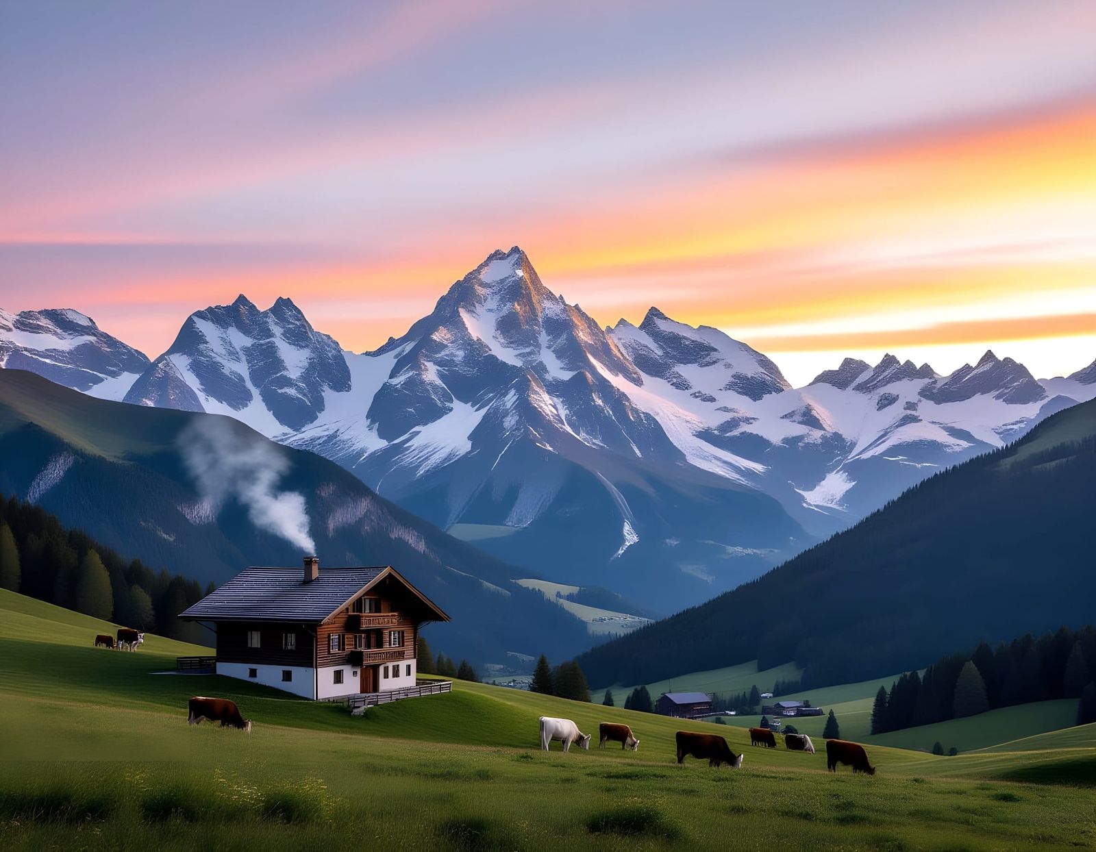 Sunrise Over Swiss Alps with Chalet