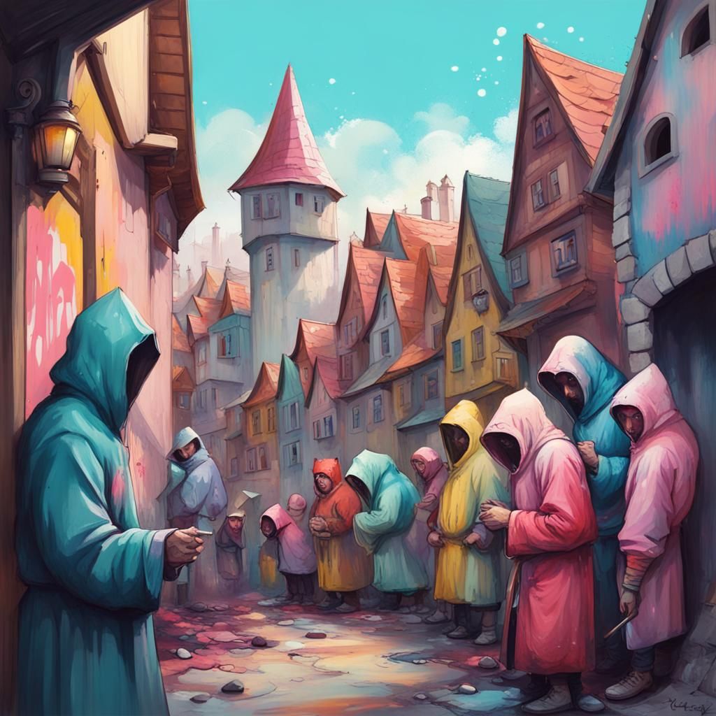 Terrified Medieval Townspeople in Kawaii Graffiti Art