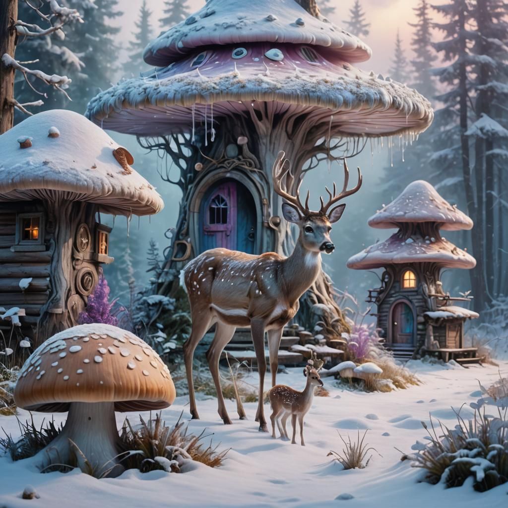 Enchanting Deer and Mushroom Cabin in Snowy Forest