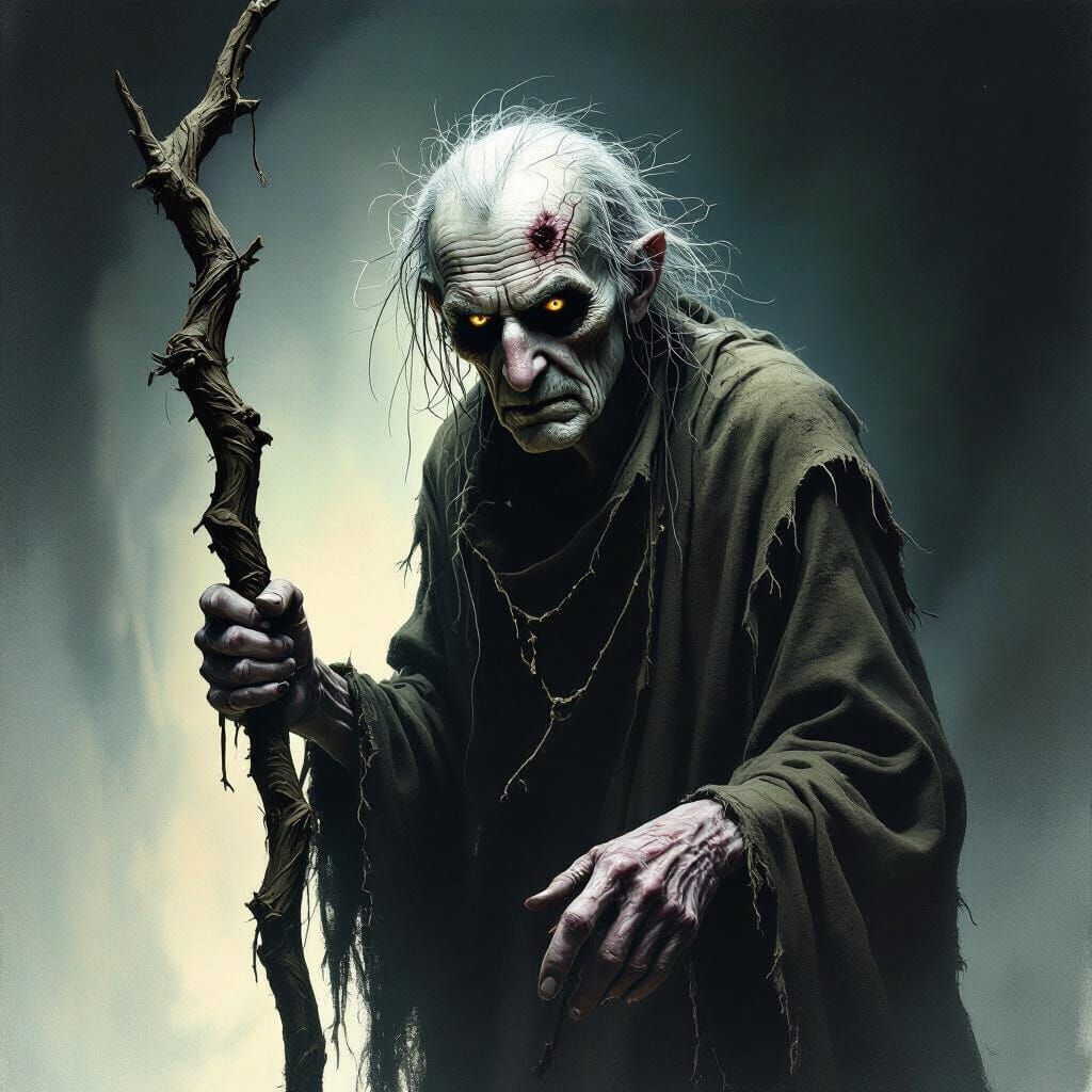 Creepy Old Man with Staff in Dark Fantasy Style
