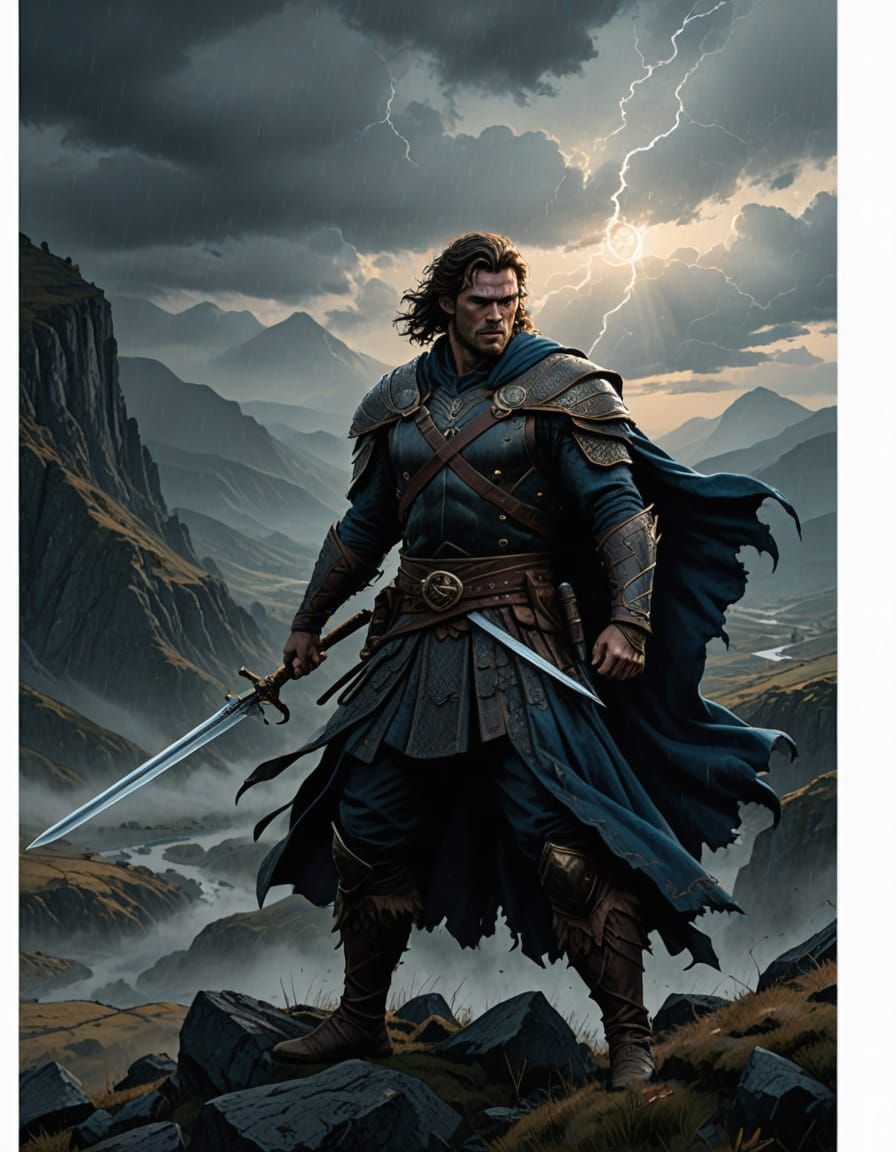 Epic Highlander Triumph in Golden Highland Mist