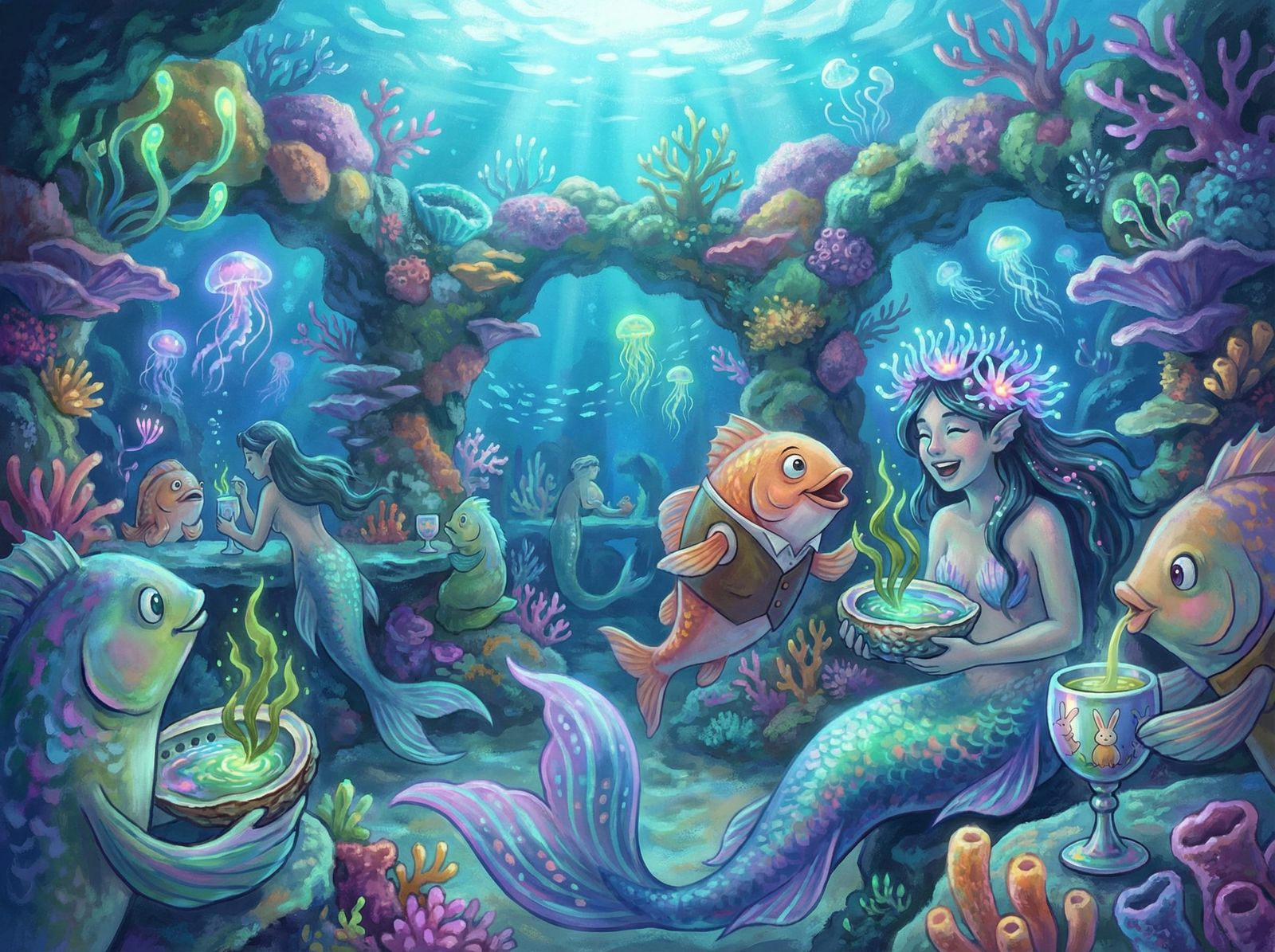 Fantastical Underwater Cafe with Merfolk and Fish Patrons