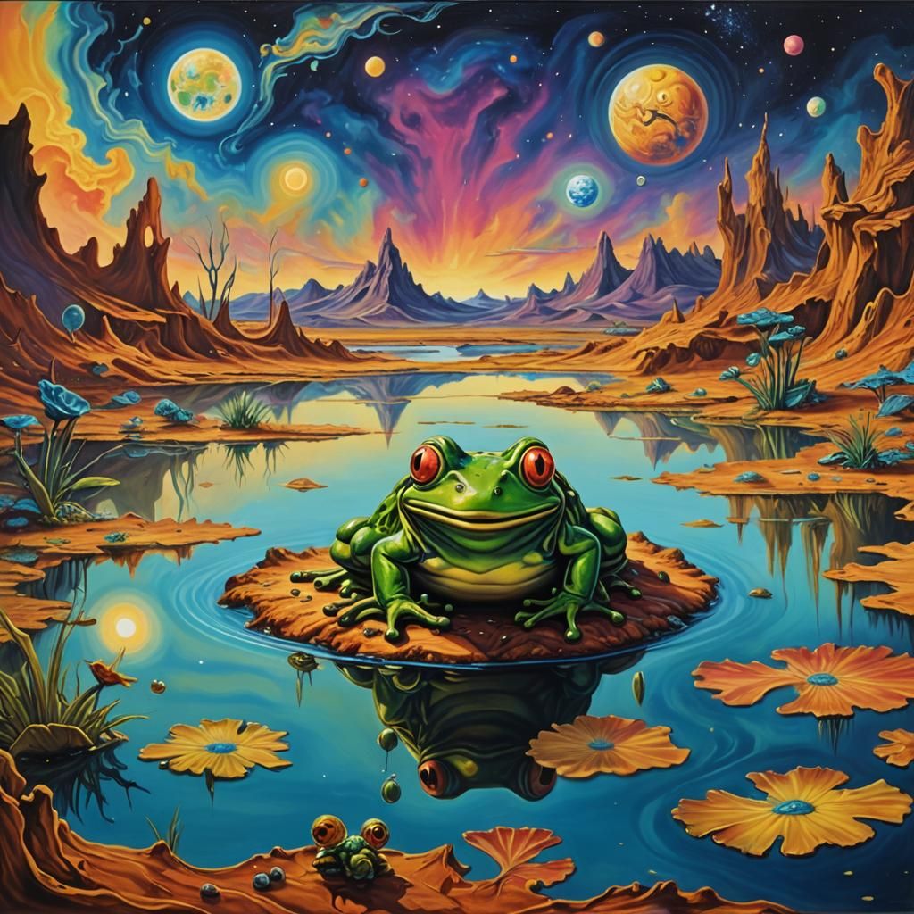 Trippy Frog Smiling in a Venusian Space Pond