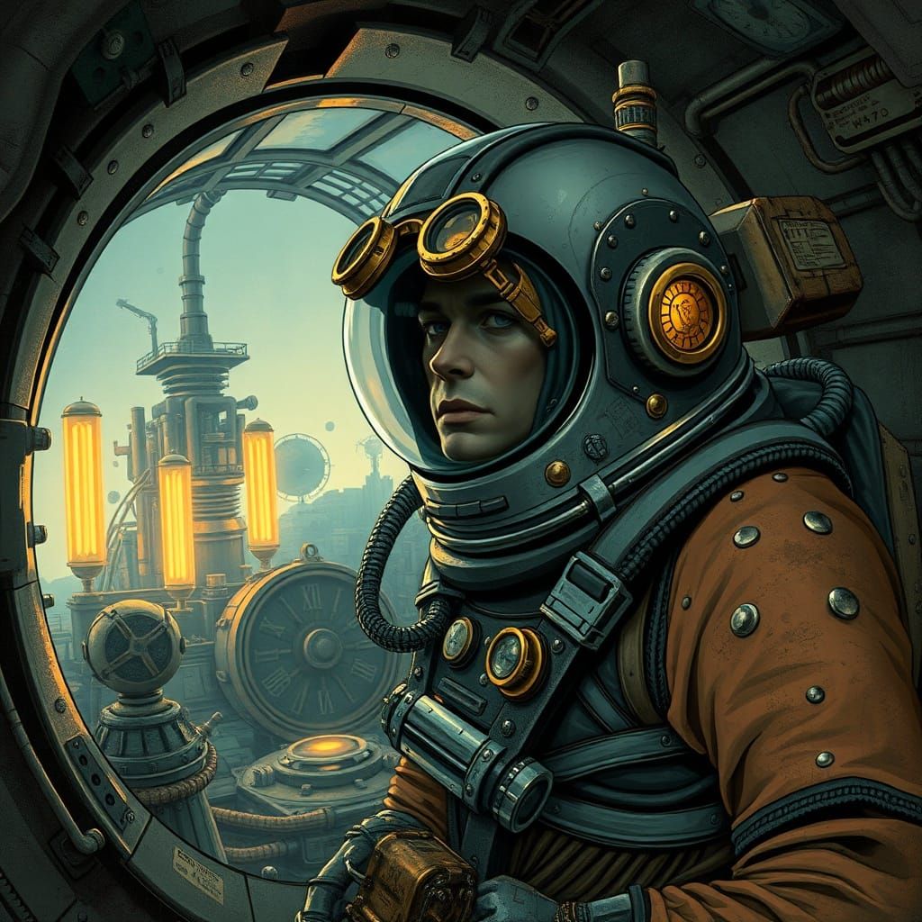 Steampunk Astronaut Exploring Derelict Alien Ship