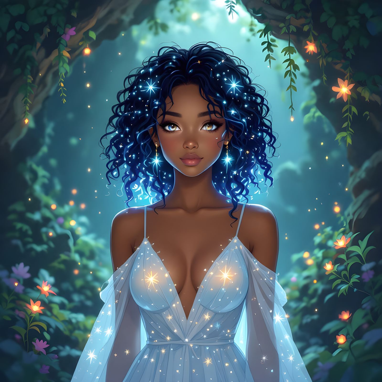 Bioluminescent Woman in Grotto, in Anime Style