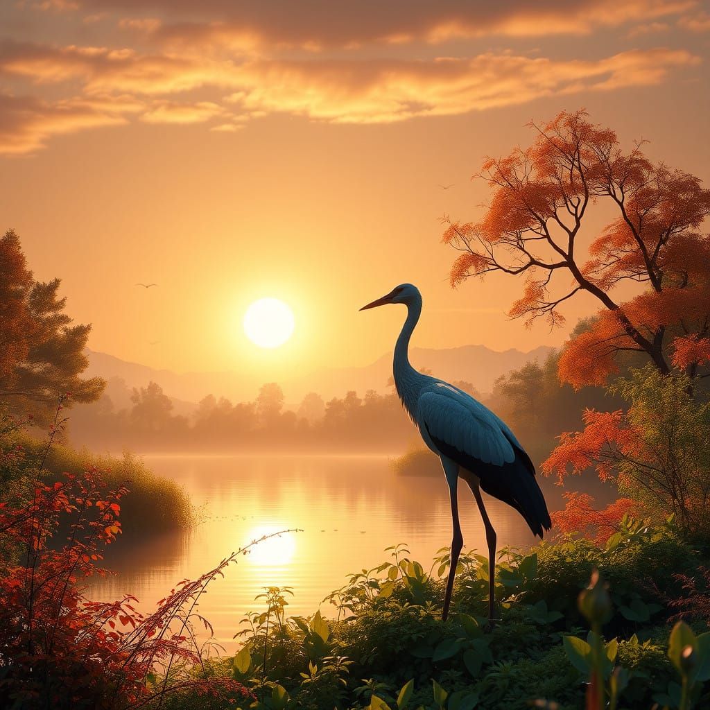 Serene Autumn Landscape with Crane and River Reflections