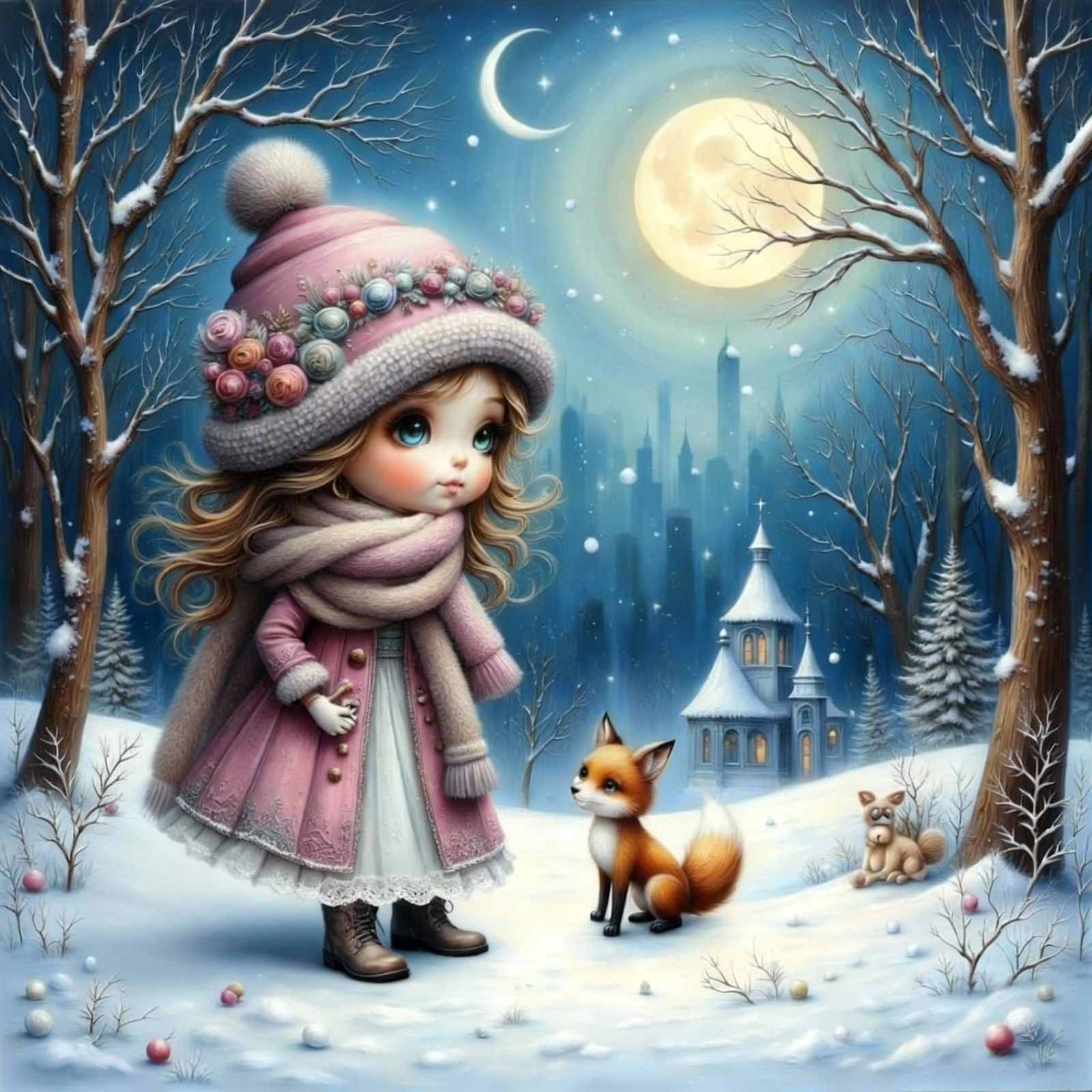 Cute Girl and Fox in Snowy Forest Clearing
