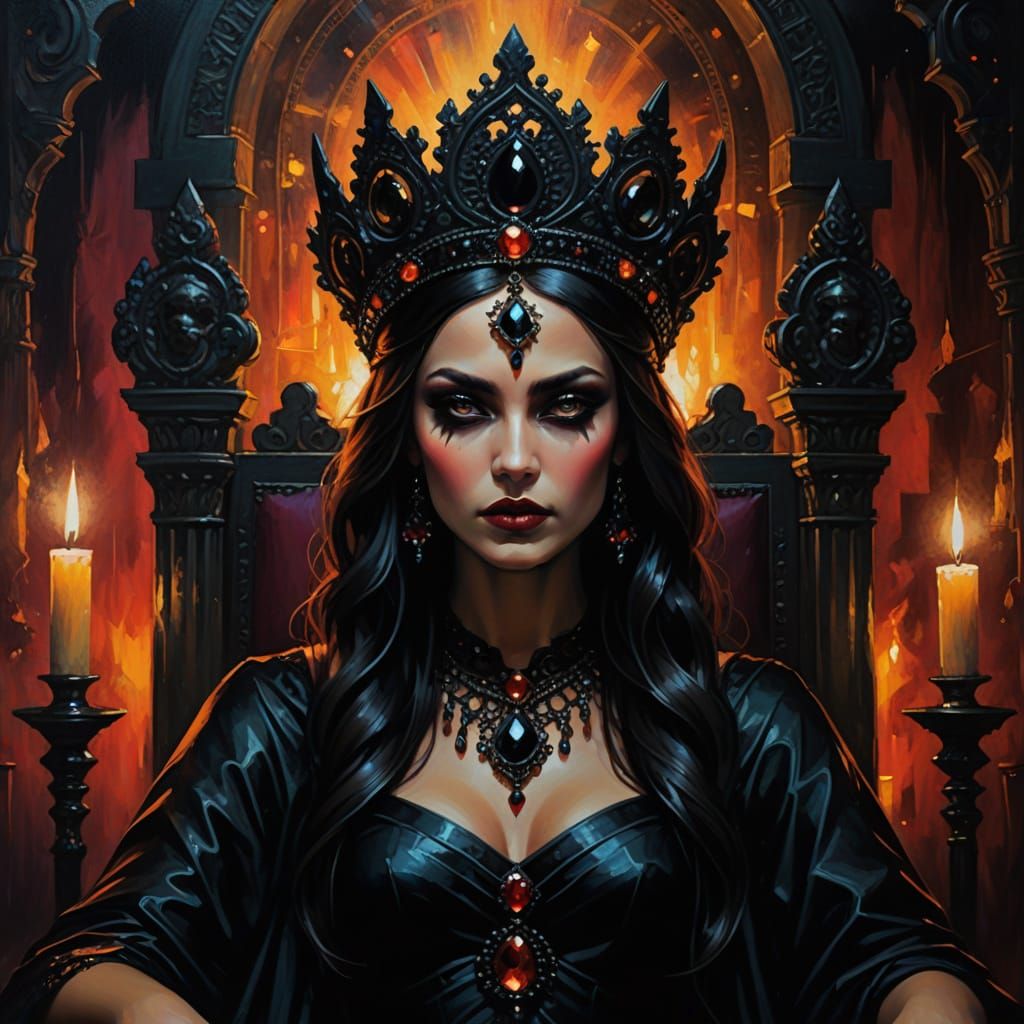 Dark Goddess in Throne Room: A Dark Fantasy Oil Painting