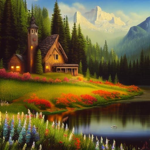 Cottagecore House in Mountain Meadow: Dark Fantasy Art
