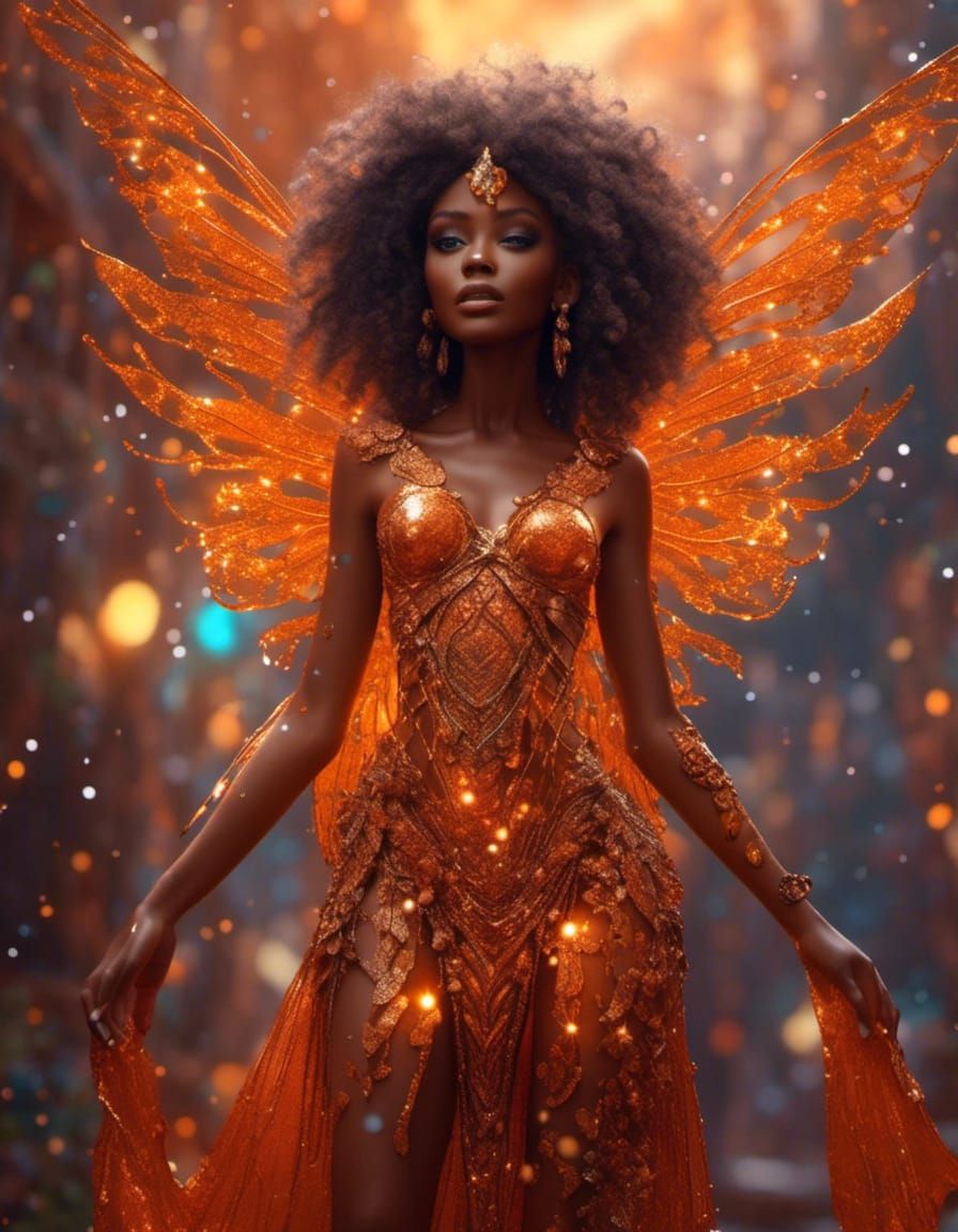 Gorgeous Orange Fairy with Glittery Outfit in Hyperreal Styl...