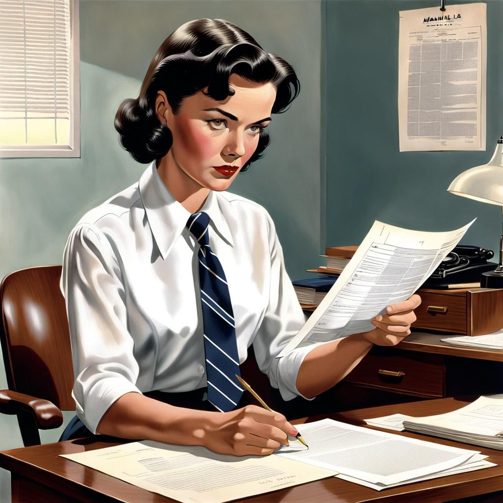 1950s Woman Reading File, Detailed Photorealistic Painting