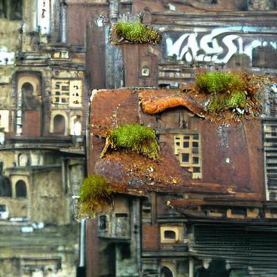 Rusted City: Moss-Covered Buildings in Decay