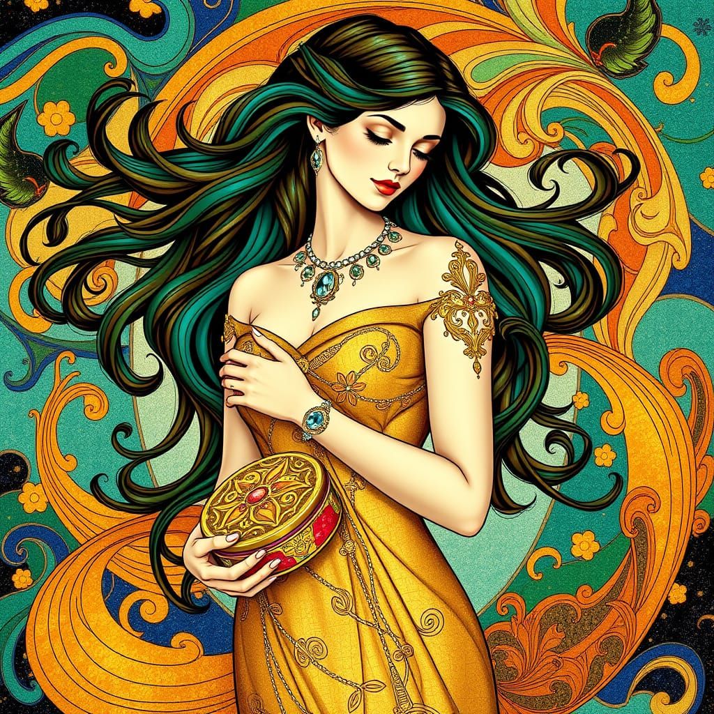 Elegant Woman in Art Nouveau Style Zodiac Motifs
