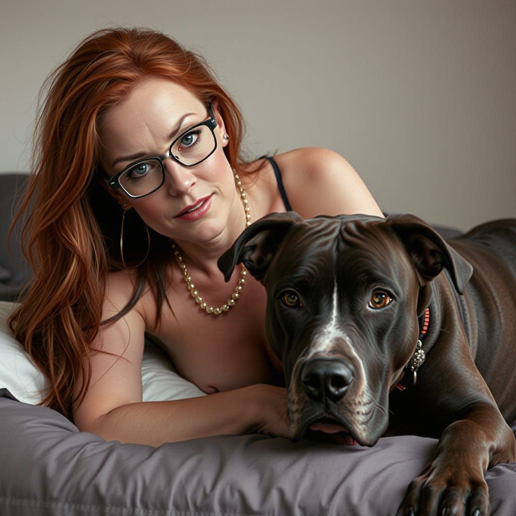 Elegant Woman Posing with Her Loyal Companion in a Sunlit Ga...