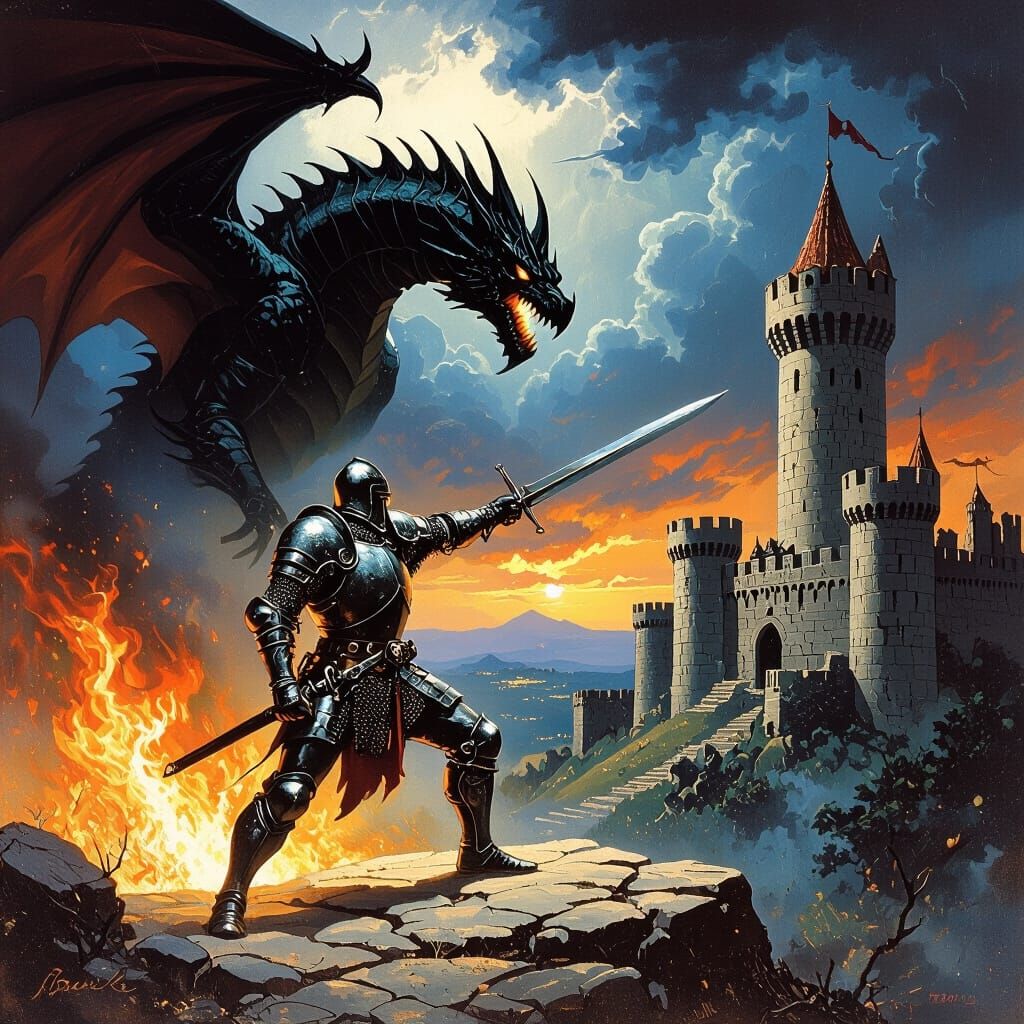 Medieval Hero Fights Fiery Dragon Before Ruined Castle