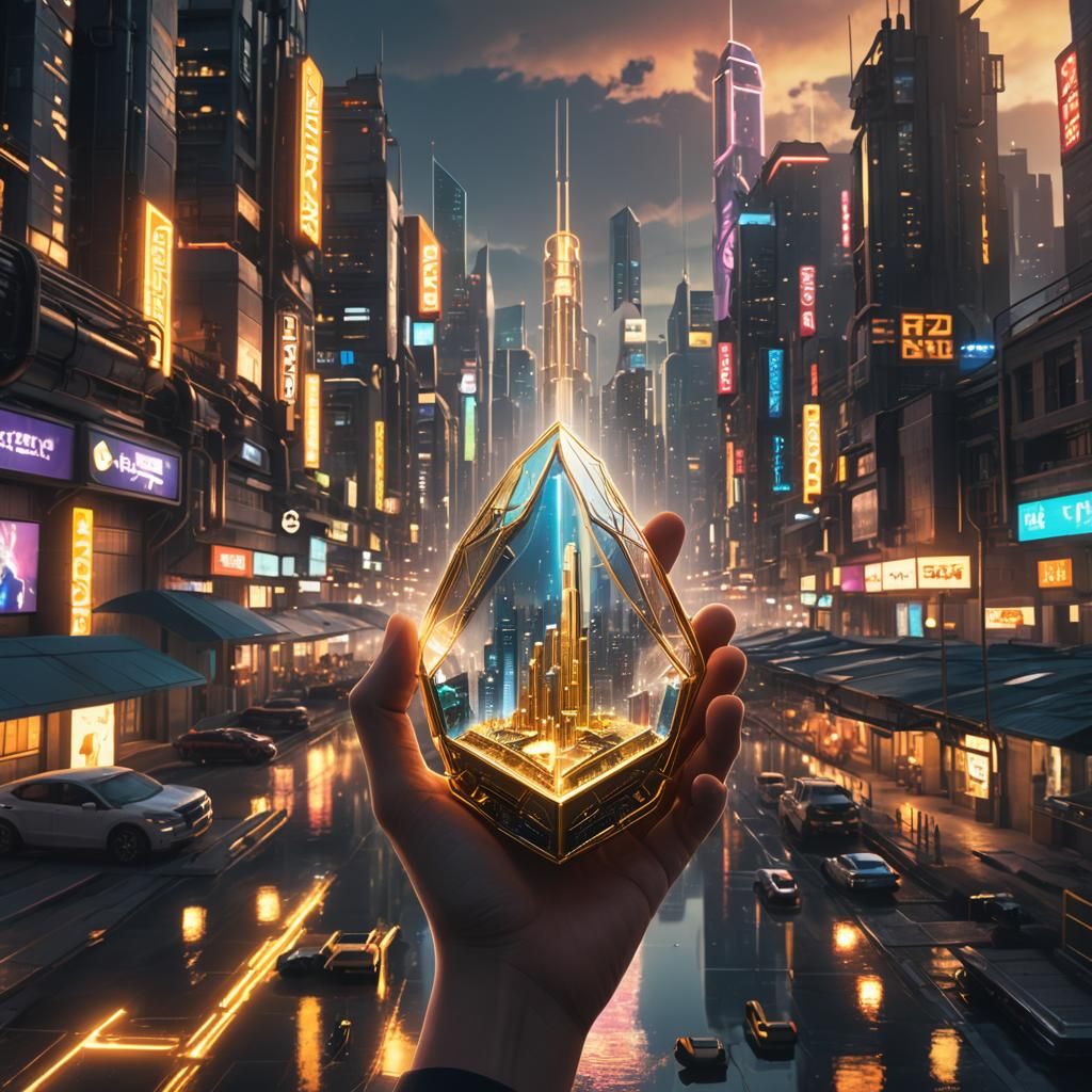 Futuristic Cityscape with Golden Fish, Digital Art