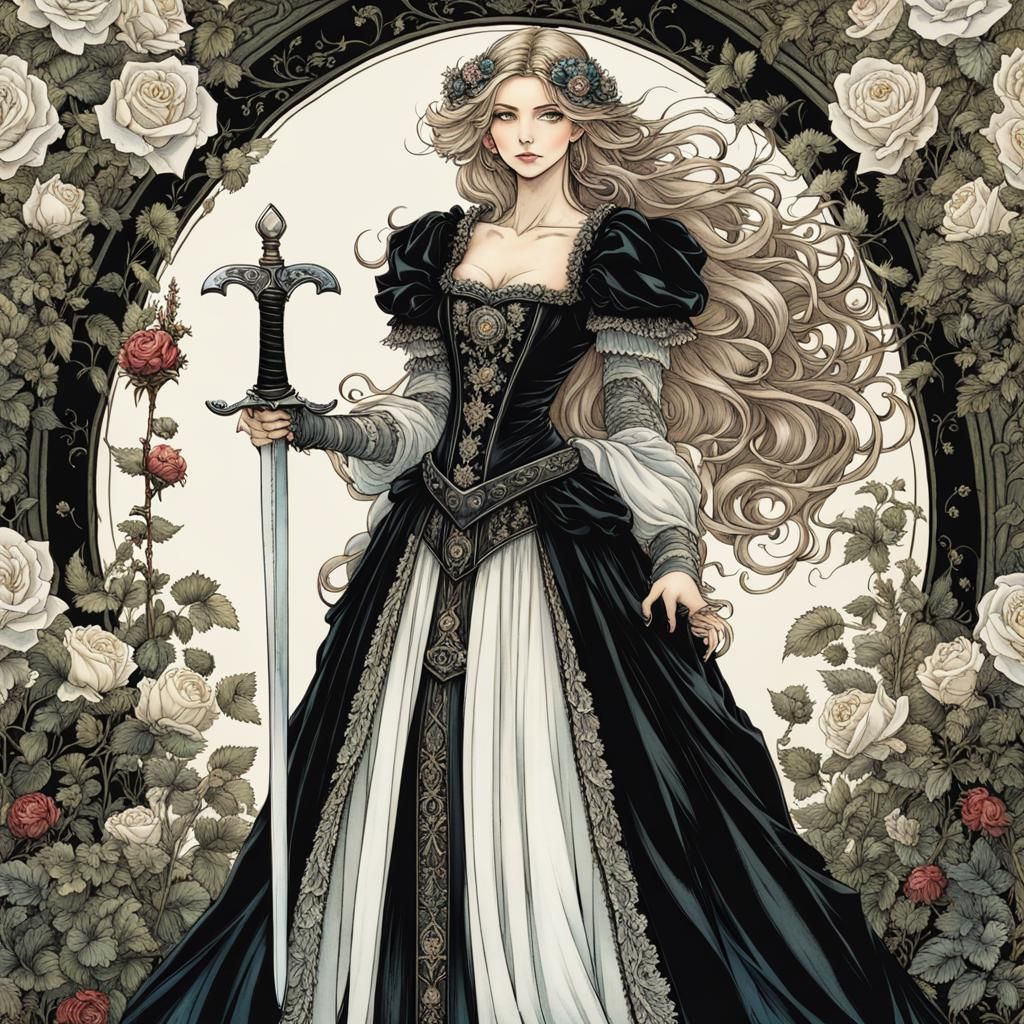 Maiden with Sword in Rose Garden