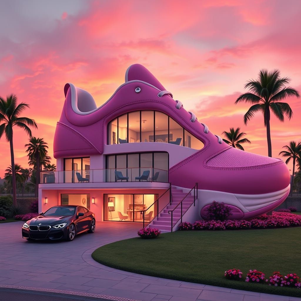 Whimsical Pink Sneaker House at Sunset