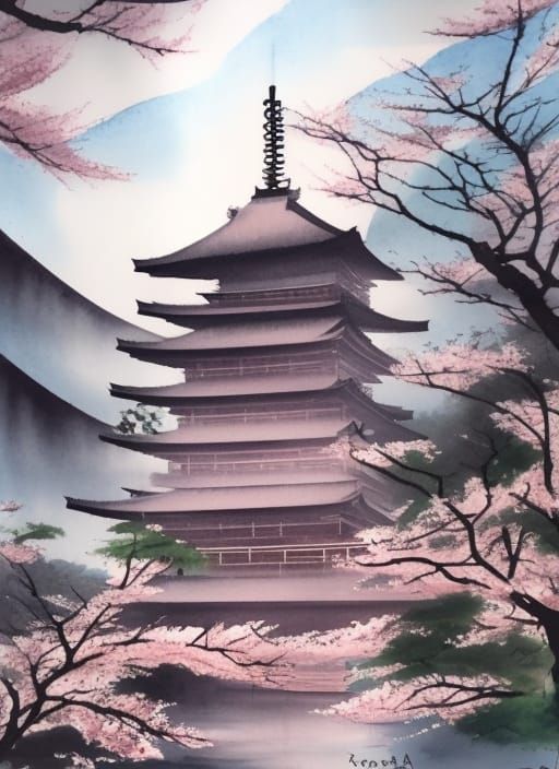 Japanese Temple Watercolor Painting with Cherry Blossoms