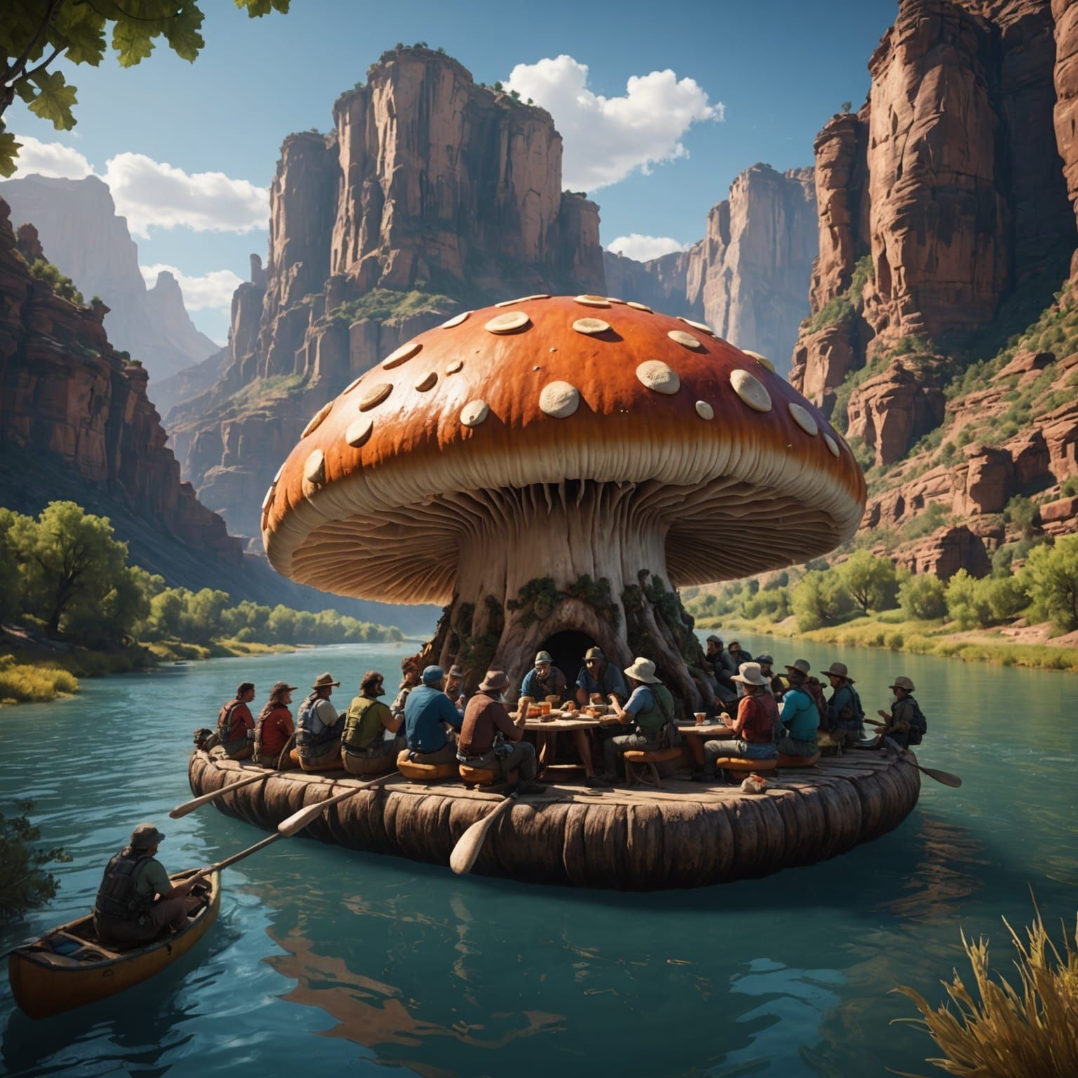 People Eating Giant Mushroom on Colorado River