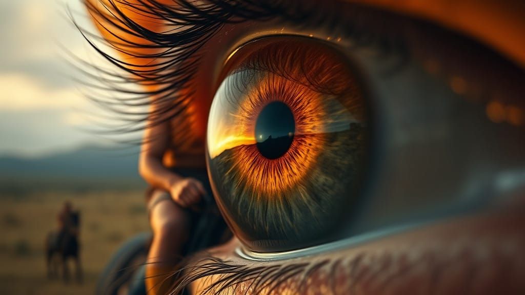 Dramatic Human Eye with Golden Hue and Wilderness Reflection