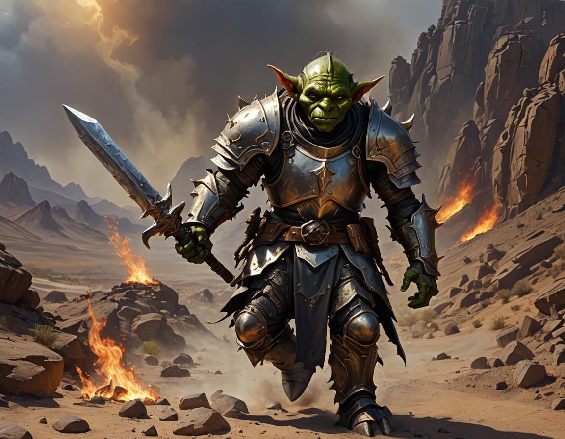 Goblin Paladin in Desert Landscape with Fiery Lighting