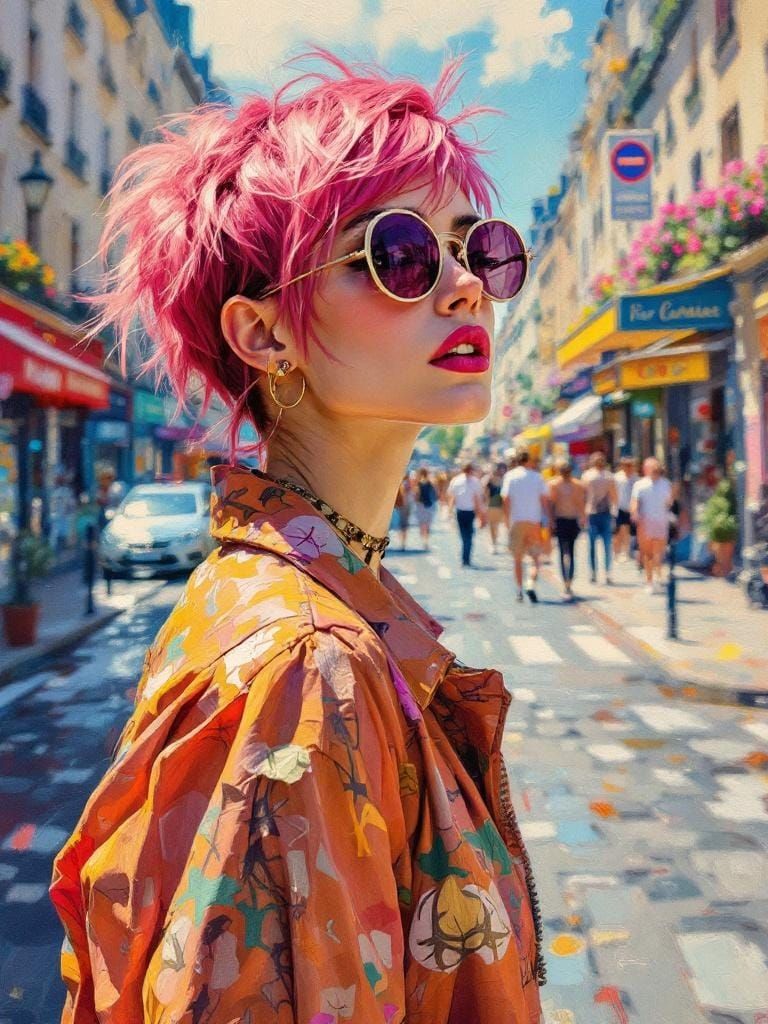 Pink-Haired Punk Strolls Sunny Paris Street: Impressionist W...