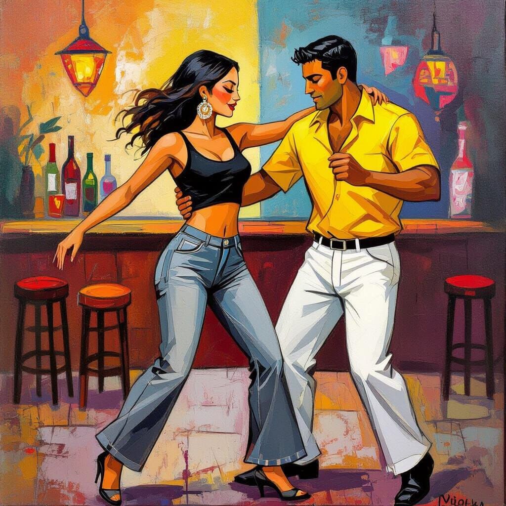Couple Dancing Salsa in Vibrant Latin Bar