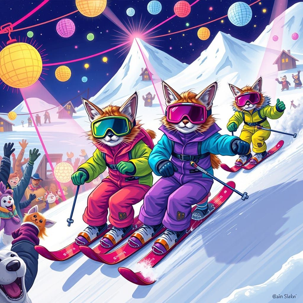 Funky Feline Ski Party in Vibrant Digital Art
