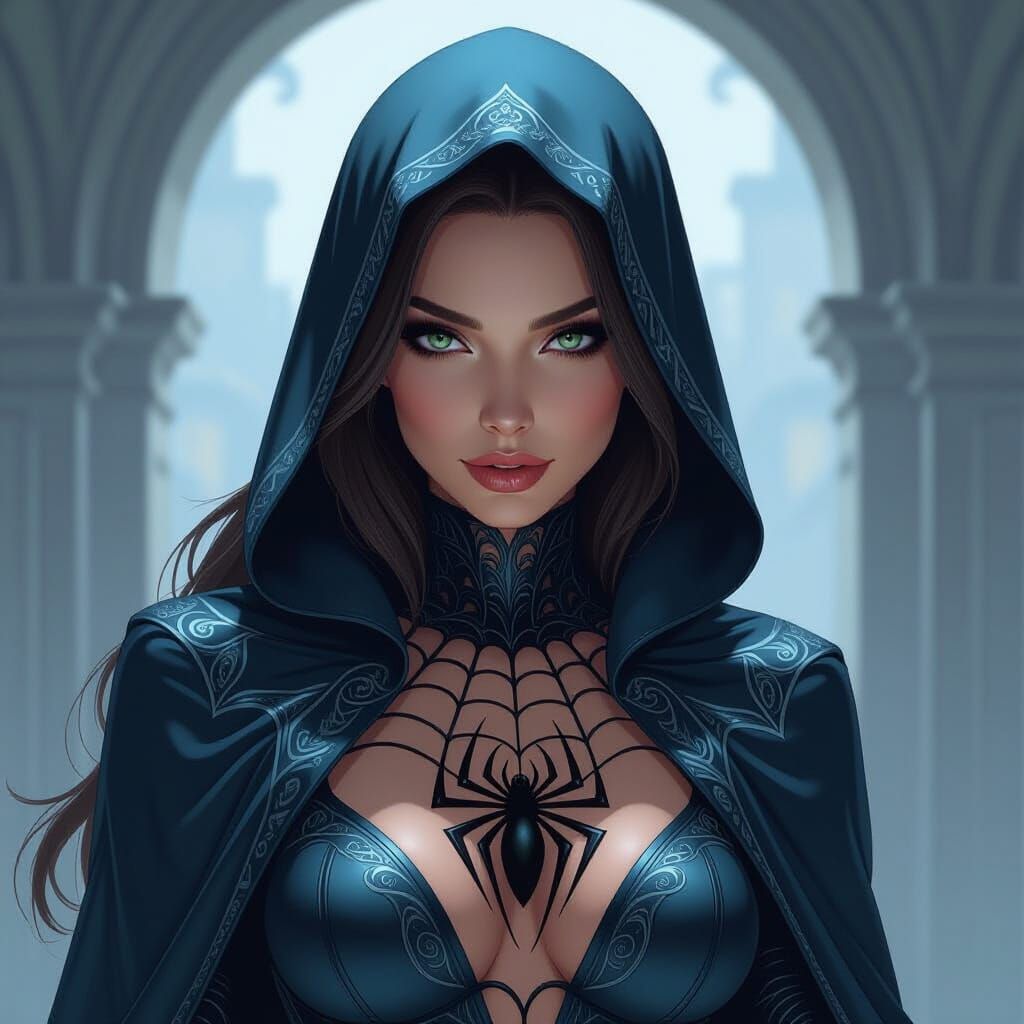 Mysterious Woman in Iridescent Spiderweb Costume