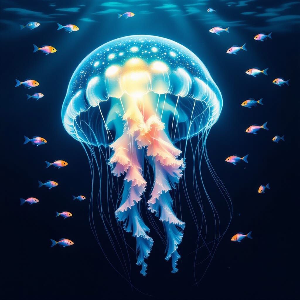 Bioluminescent Jellyfish in Deep Ocean, Surreal Vintage Art