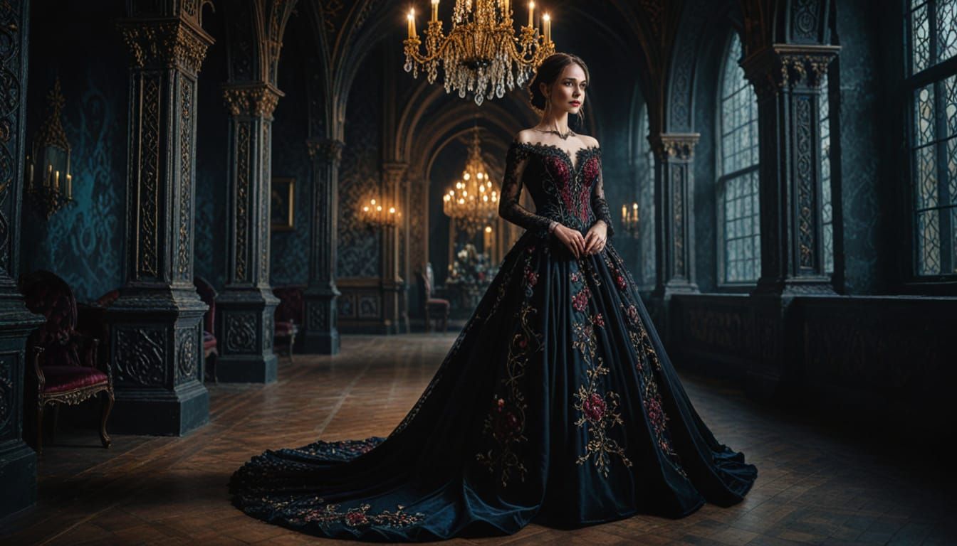 Gothic Romance: Woman in Luxury Wedding Dress