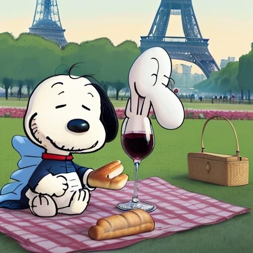 Snoopy is having a picnic in Paris. He's sitting on a blanke...