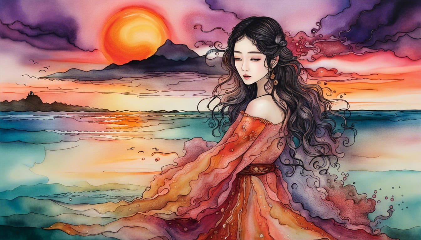 Romantic Sunset: Korean Woman in Alcohol Ink Style