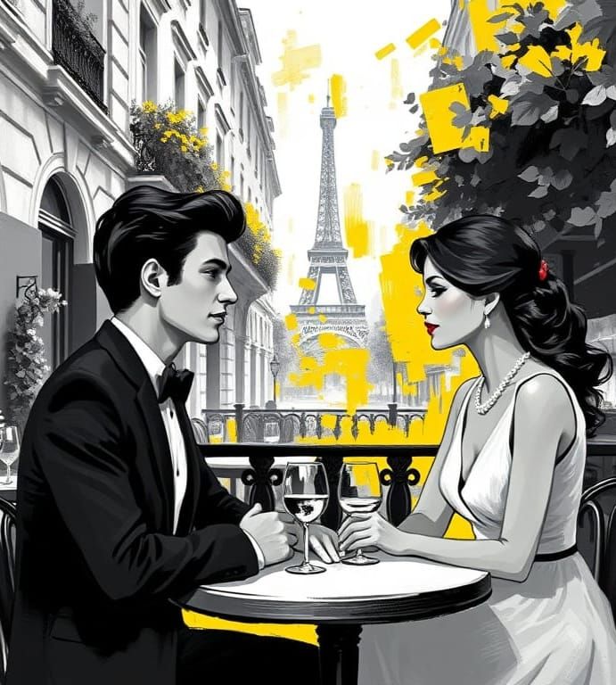 Monochromatic Parisian Cafe Scene with Yellow Splash Art