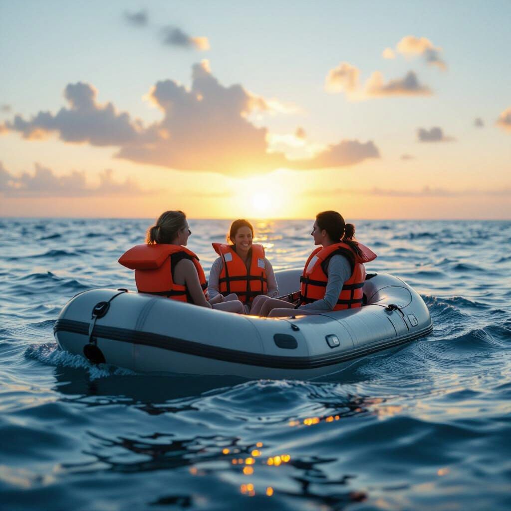 Women in Lifeboat at Sunset: Hyperrealistic Film