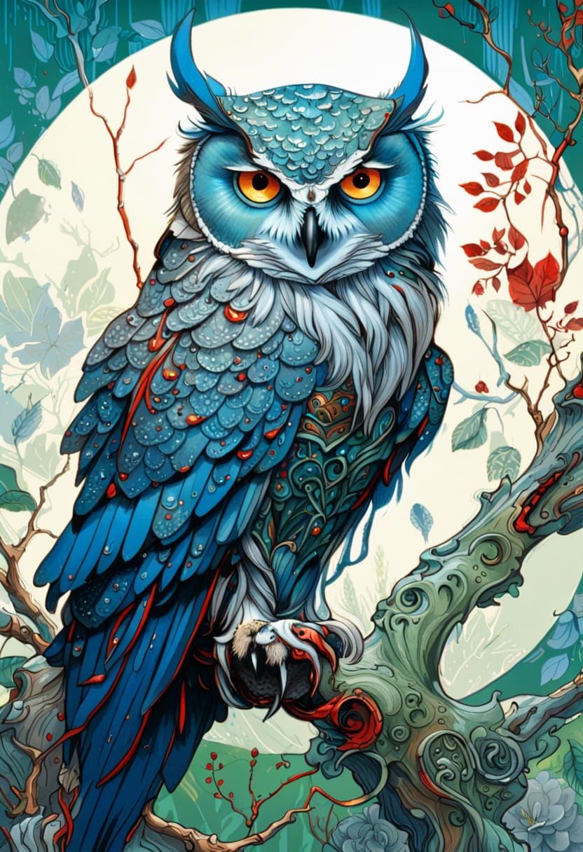 Fantasy Art: Regal Blue and Red Owl on Branch