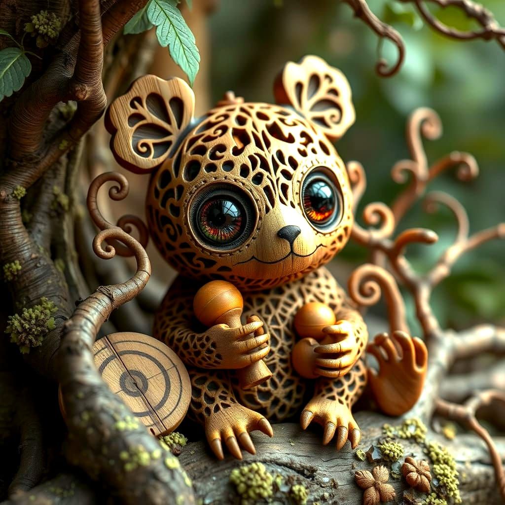 Wooden Chibi Bear in Biomorphic Surrealist Style