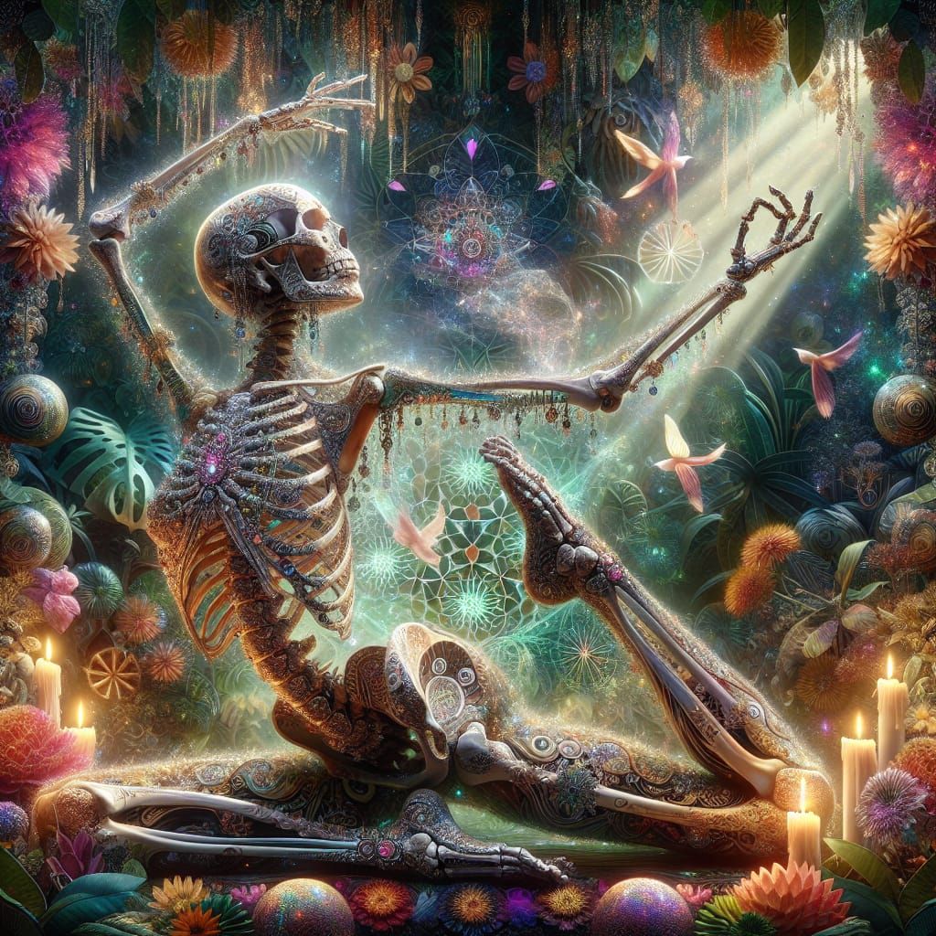 Bejeweled Skeleton Yoga in Stained Glass Jungle