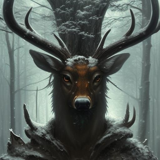Monstrous Deer God in Dark Forest: Digital Art