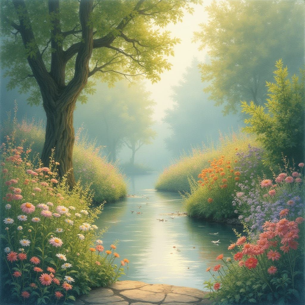 Idyllic Garden Scene in Soft Pastel Hues