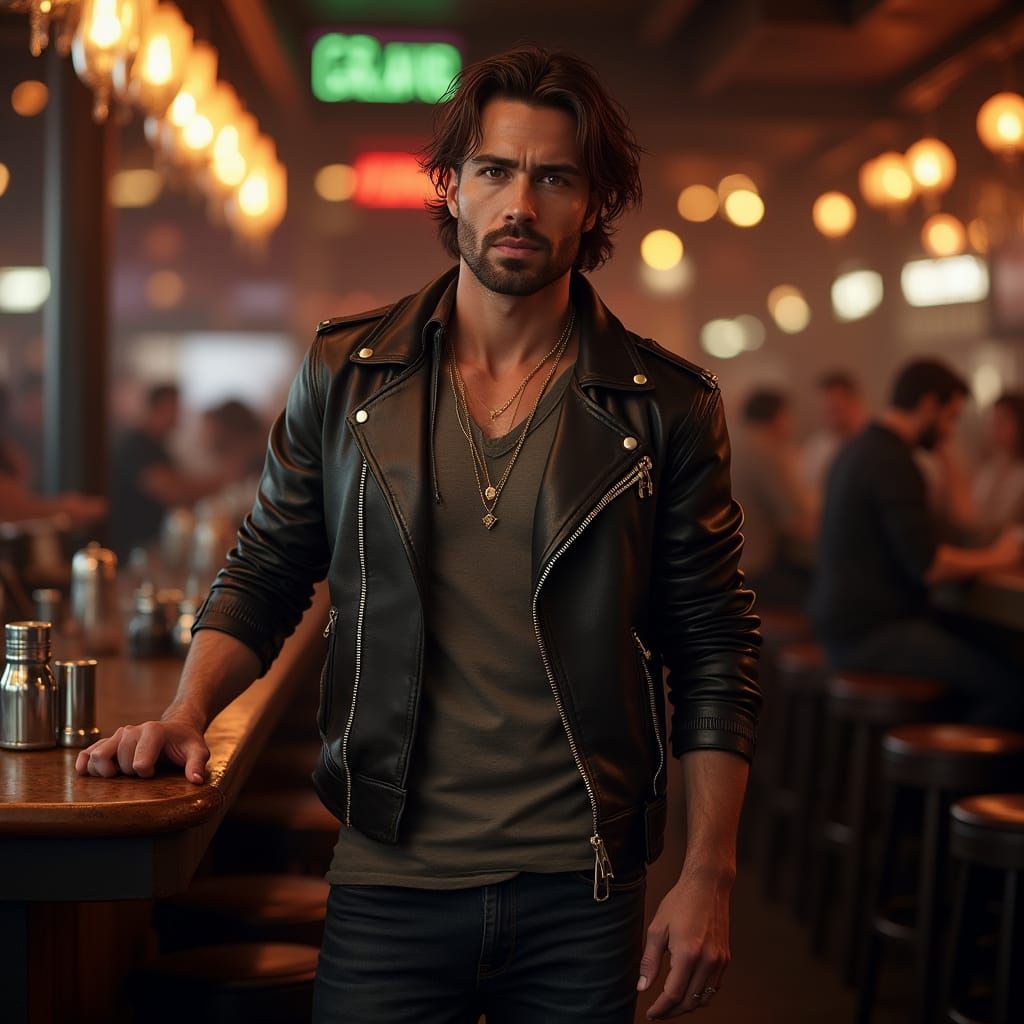 Hyper Realistic Photo of Muscular Man in Leather Jacket