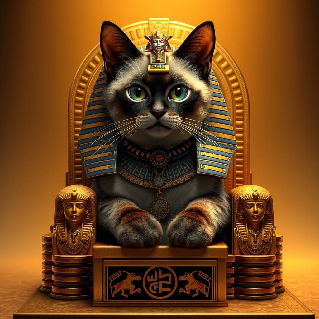 Siamese Pharaoh Cat on Gold Coin Throne