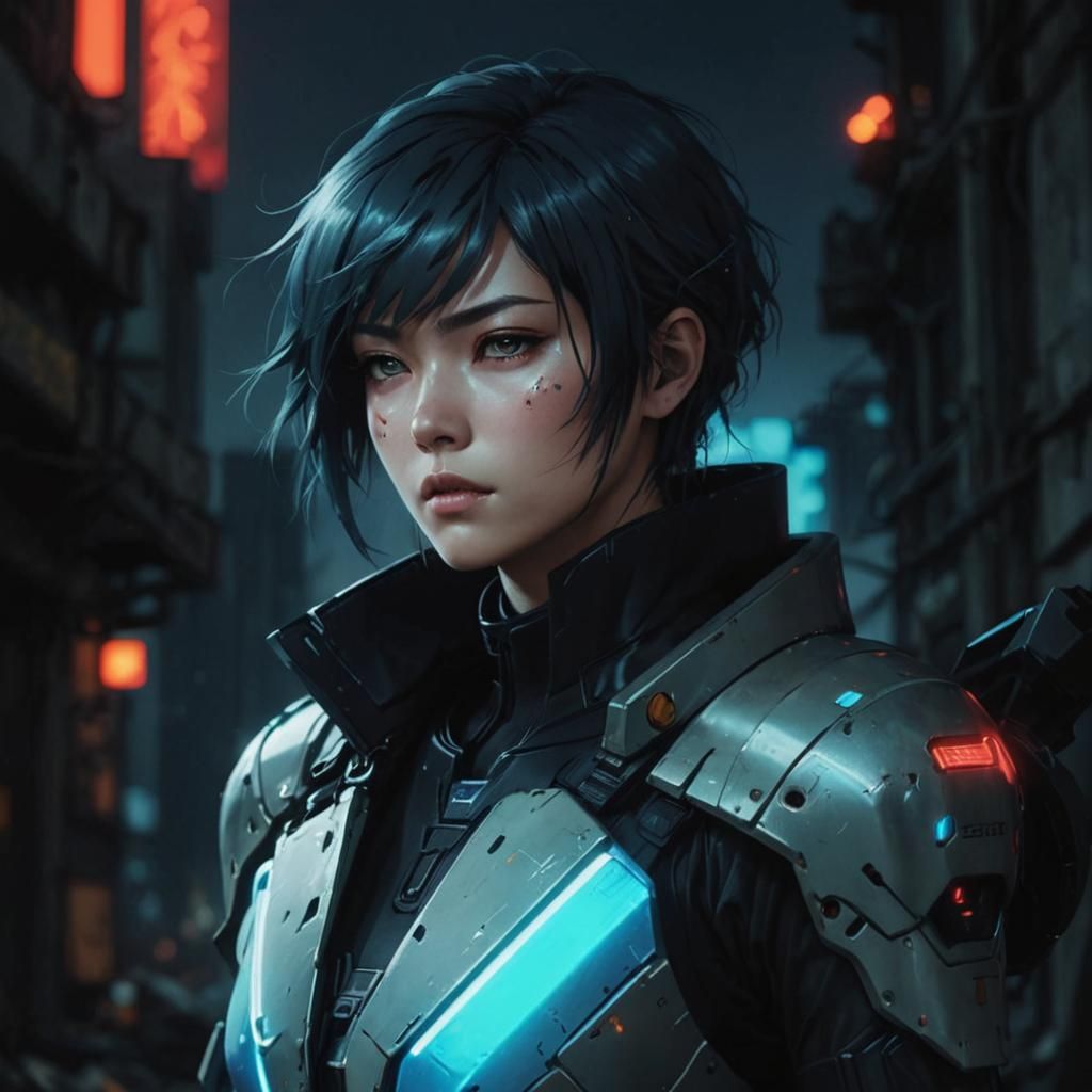 Anime-Inspired Sci-Fi Soldier in Ruined Cityscape