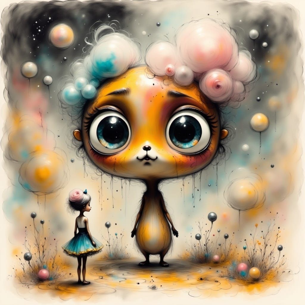 Whimsical Character Stands Before a Giant Cup of Coffee in a...