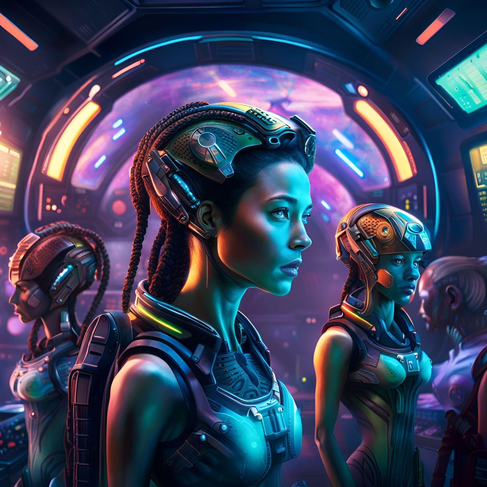 Hyperrealistic Alien and Cyborg Spaceship Command Center