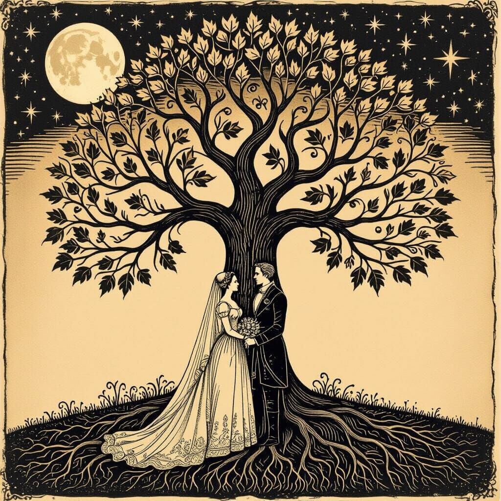 Monochromatic Tree of Life with Wedding Couple under Full Mo...