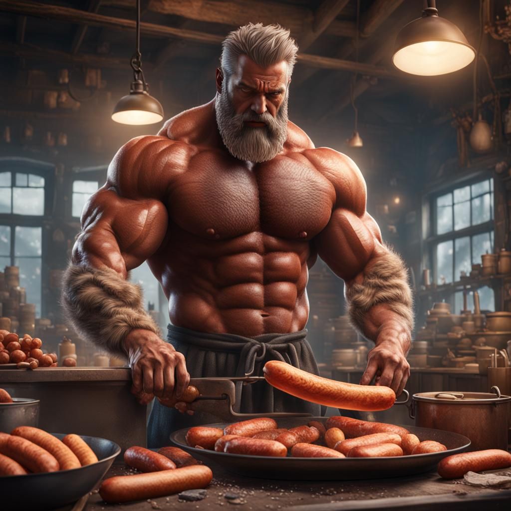 Bodybuilder Washing Sausages: Detailed Matte Painting